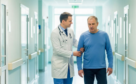 Врач под руку ведёт пациента по коридору